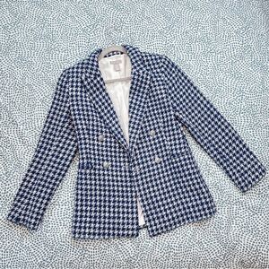 H&M Blue Tweed Houndstooth Double Breasted Bouclé Jacket Long Sleeve size XS